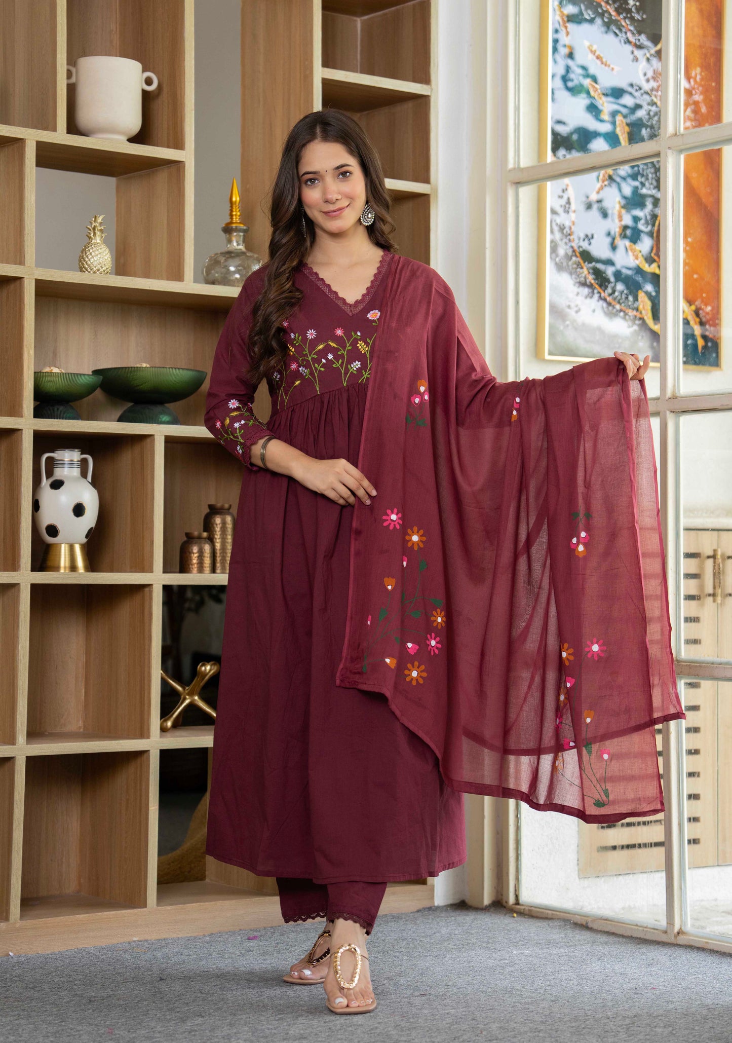 Maroon Wildflower Embroidered Anarkali Suit Set