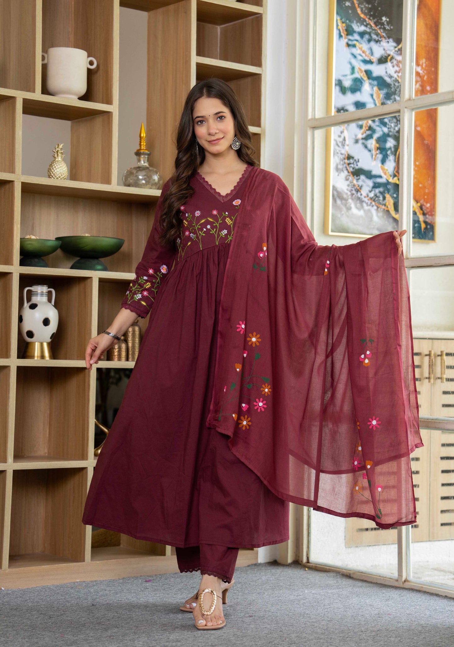 Maroon Wildflower Embroidered Anarkali Suit Set