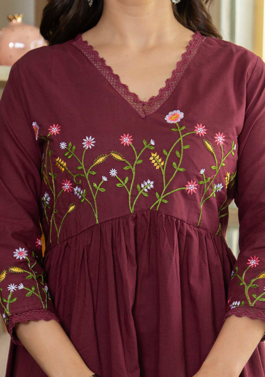 Maroon Wildflower Embroidered Anarkali Suit Set