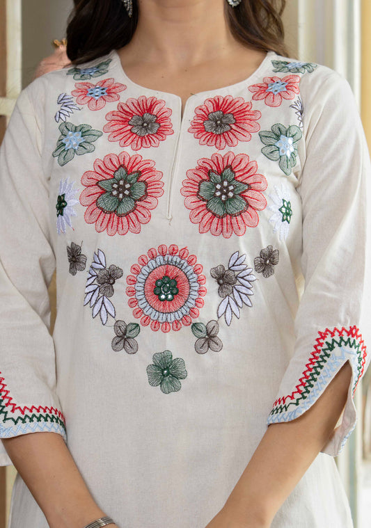 White Cotton Kurta Set with Colorful Embroidery