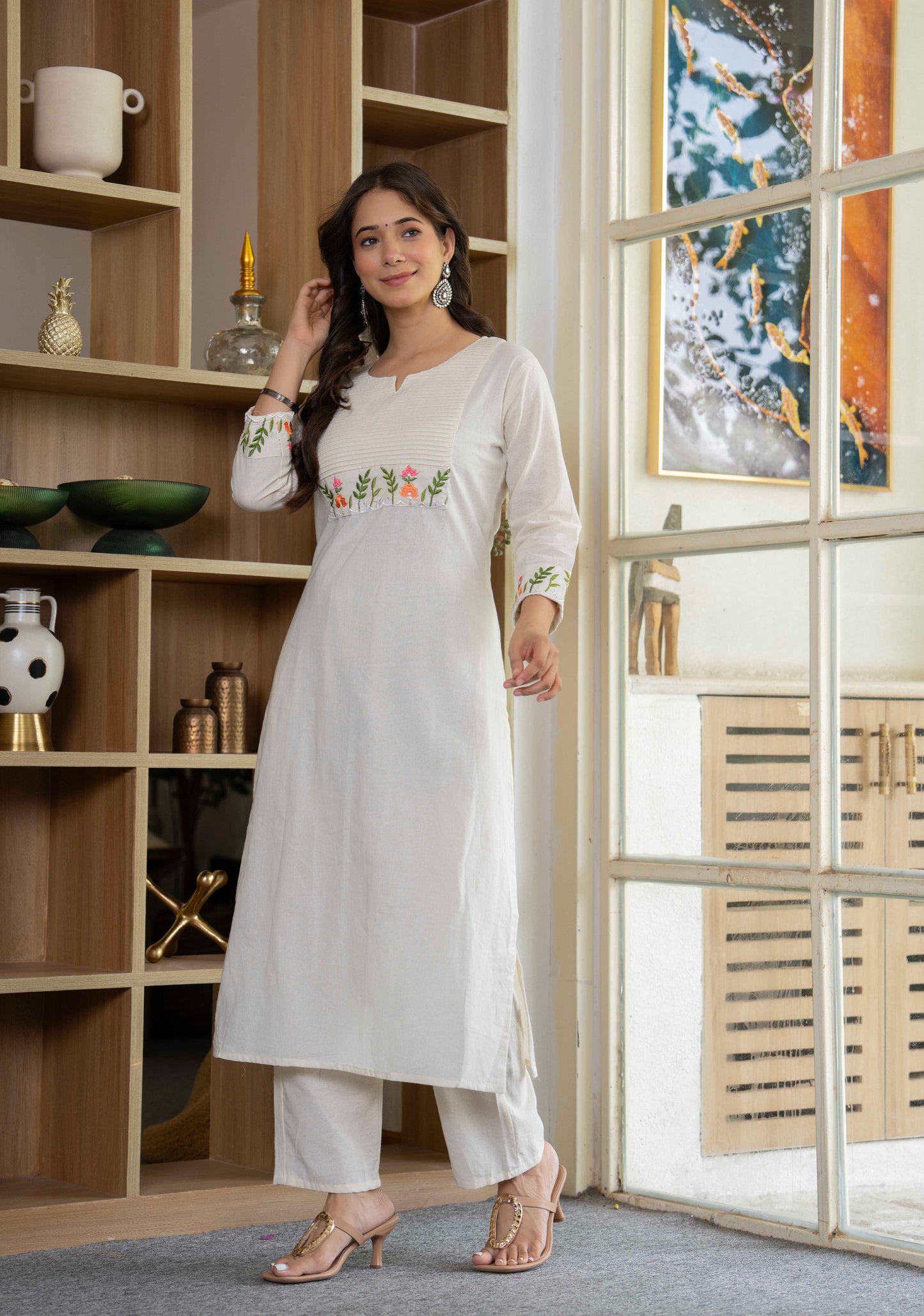 Ivory Meadow Embroidered Cotton Kurta Set