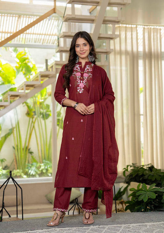 Wine Bloom Floral Embroidered Suit with Dupatta
