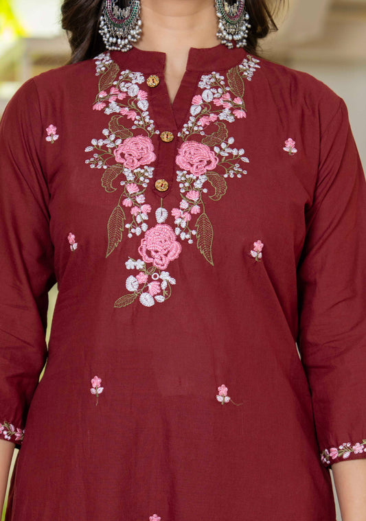 Wine Bloom Floral Embroidered Suit with Dupatta