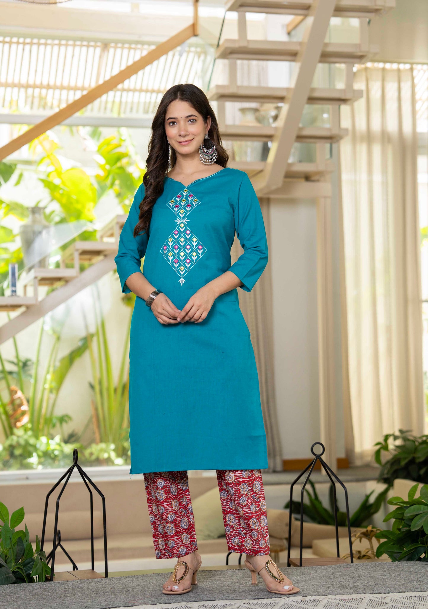 Aqua Flora Embroidered Cotton Suit Set with Dupatta