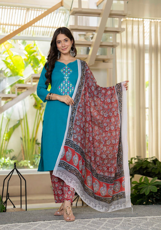 Aqua Flora Embroidered Cotton Suit Set with Dupatta