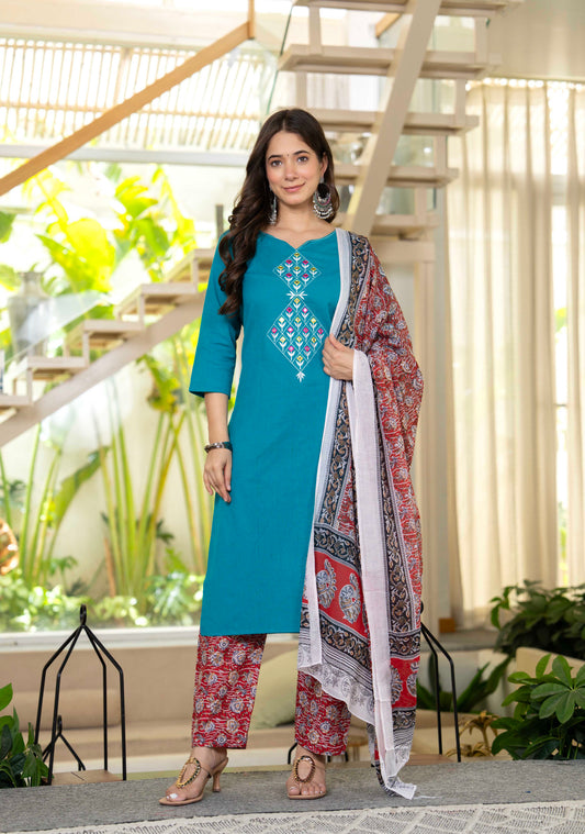 Aqua Flora Embroidered Cotton Suit Set with Dupatta
