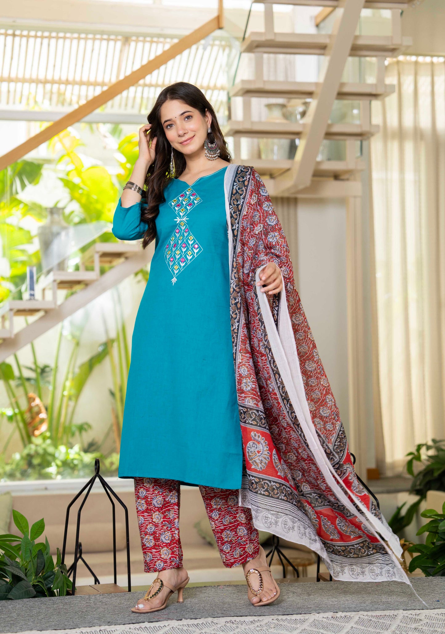 Aqua Flora Embroidered Cotton Suit Set with Dupatta