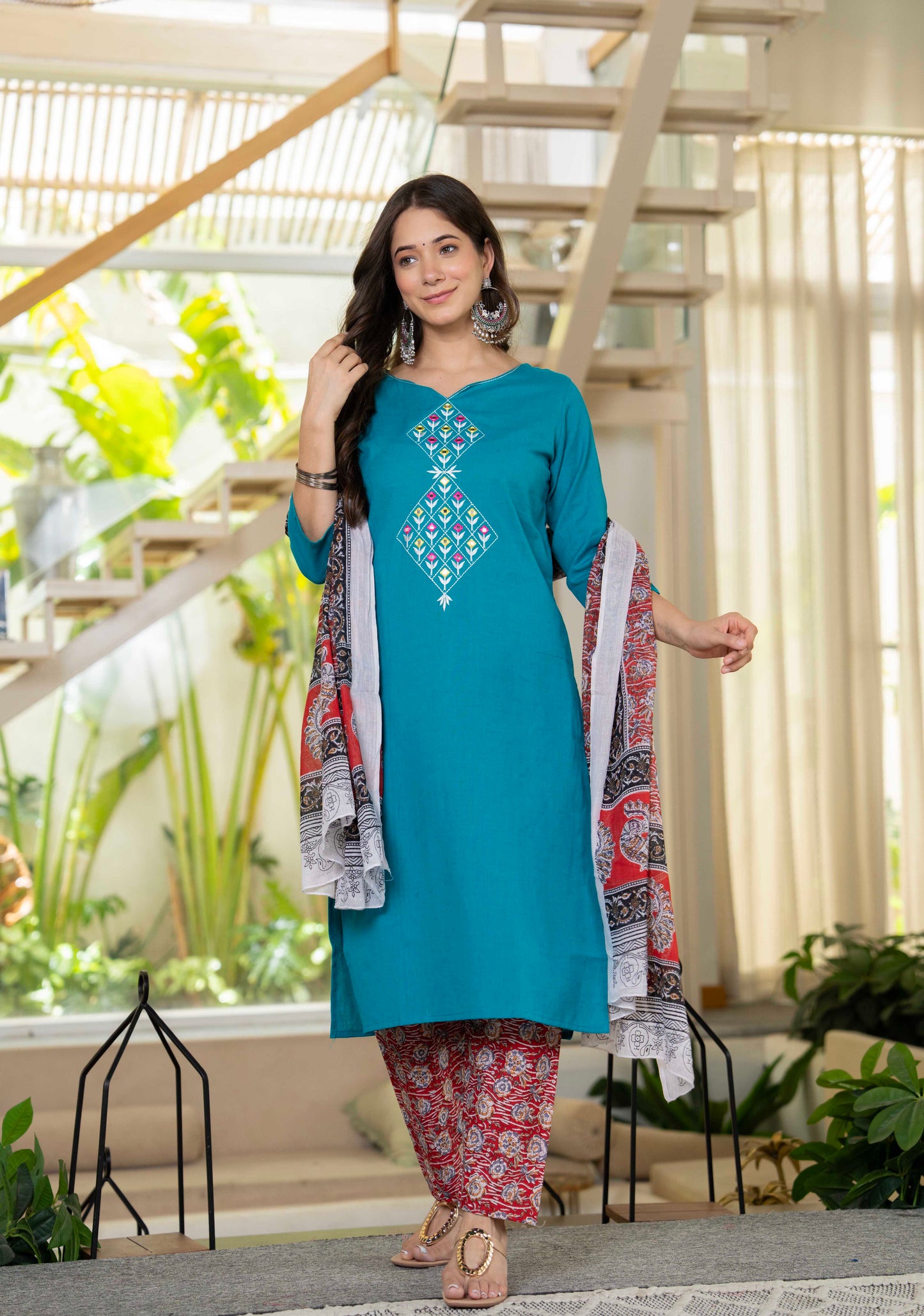 Aqua Flora Embroidered Cotton Suit Set with Dupatta