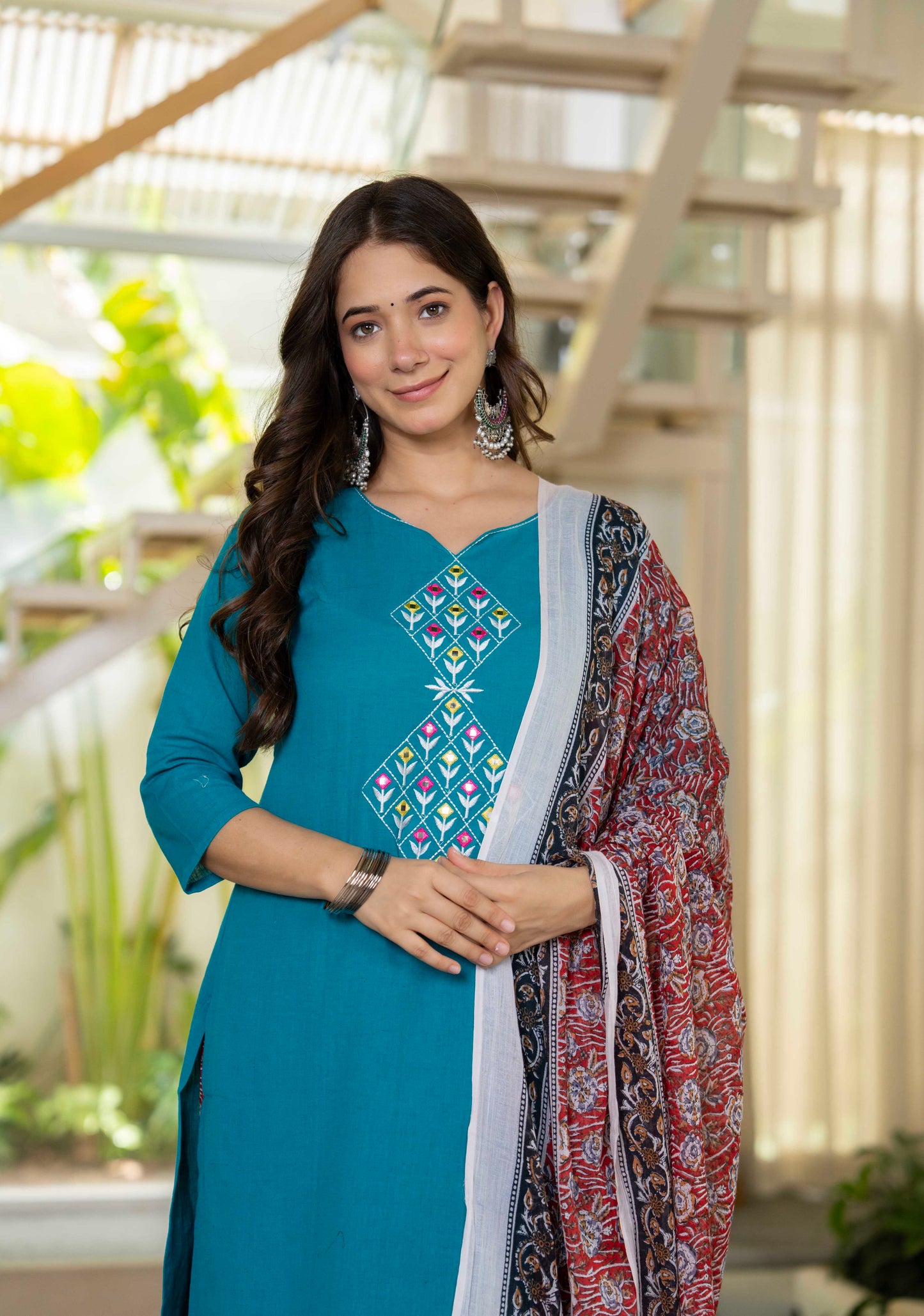 Aqua Flora Embroidered Cotton Suit Set with Dupatta