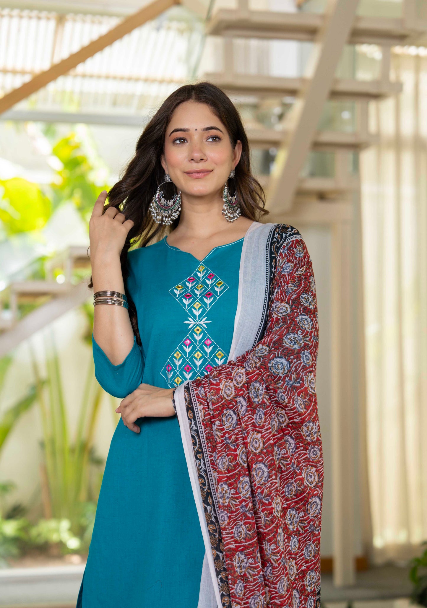 Aqua Flora Embroidered Cotton Suit Set with Dupatta