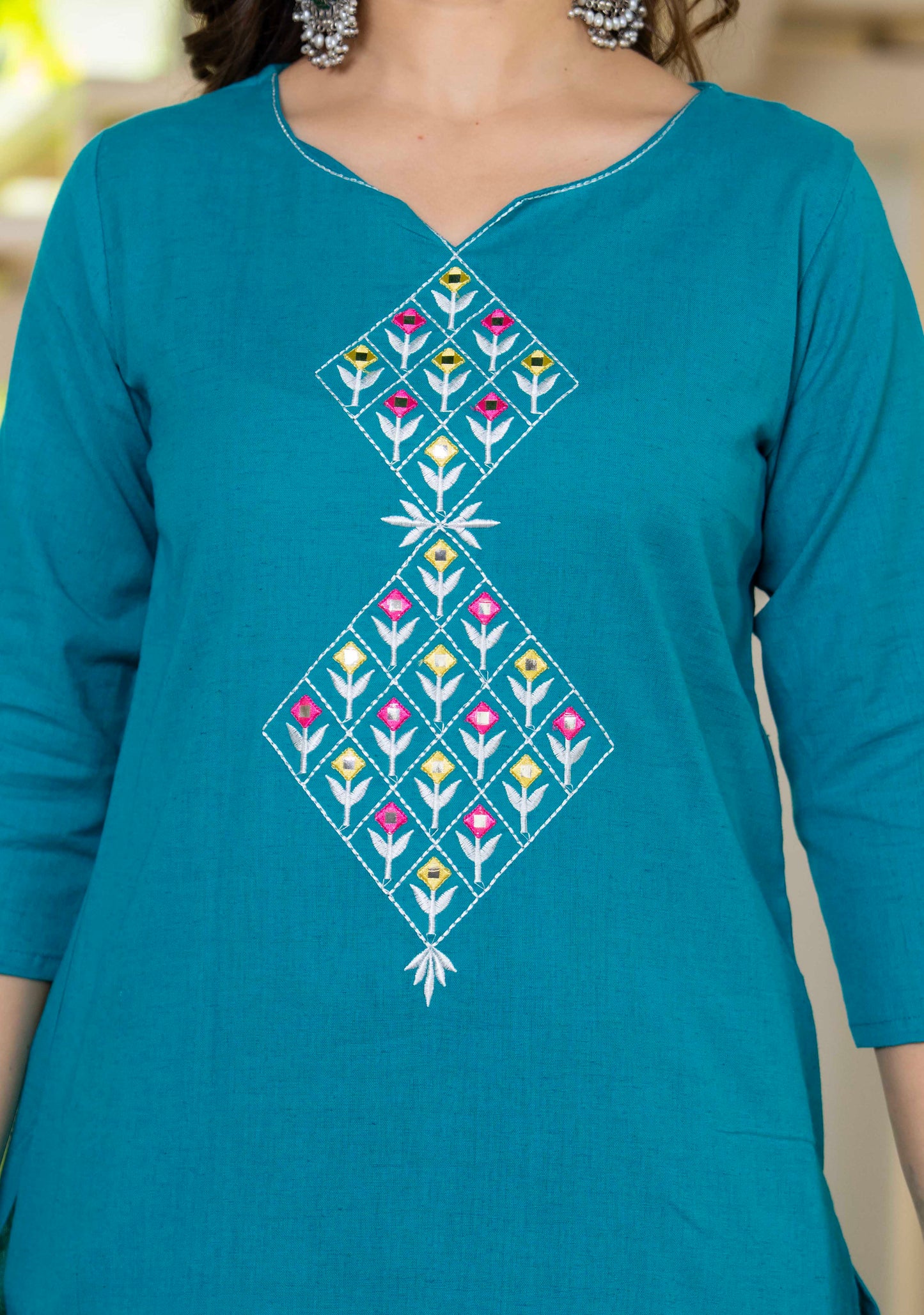 Aqua Flora Embroidered Cotton Suit Set with Dupatta