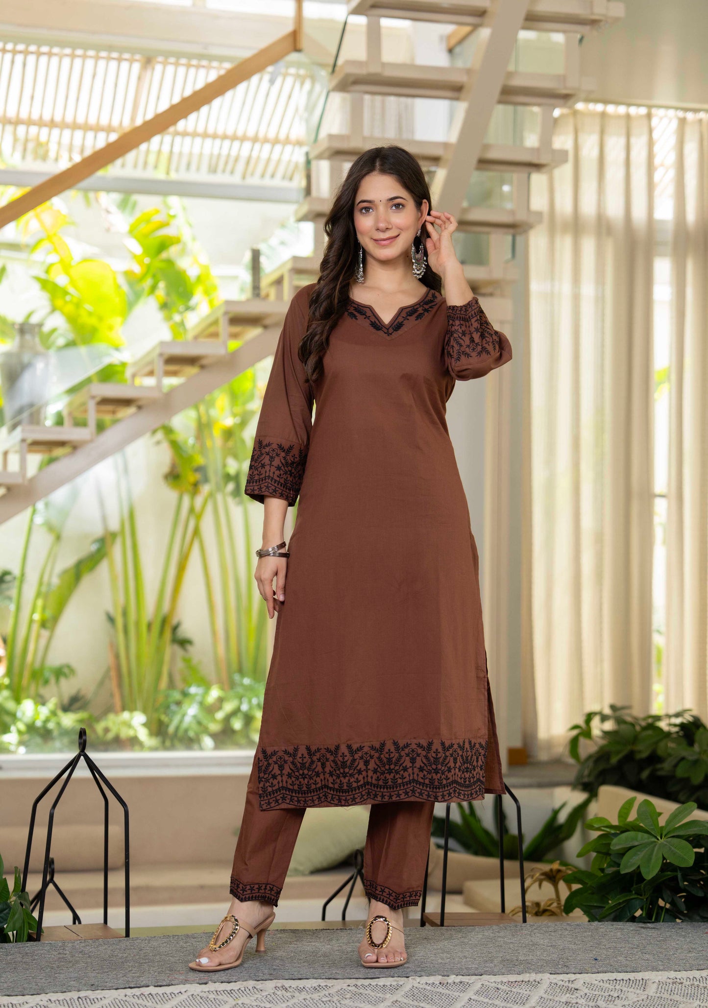 Earthy Charm Embroidered Brown Kurta Set with Dupatta