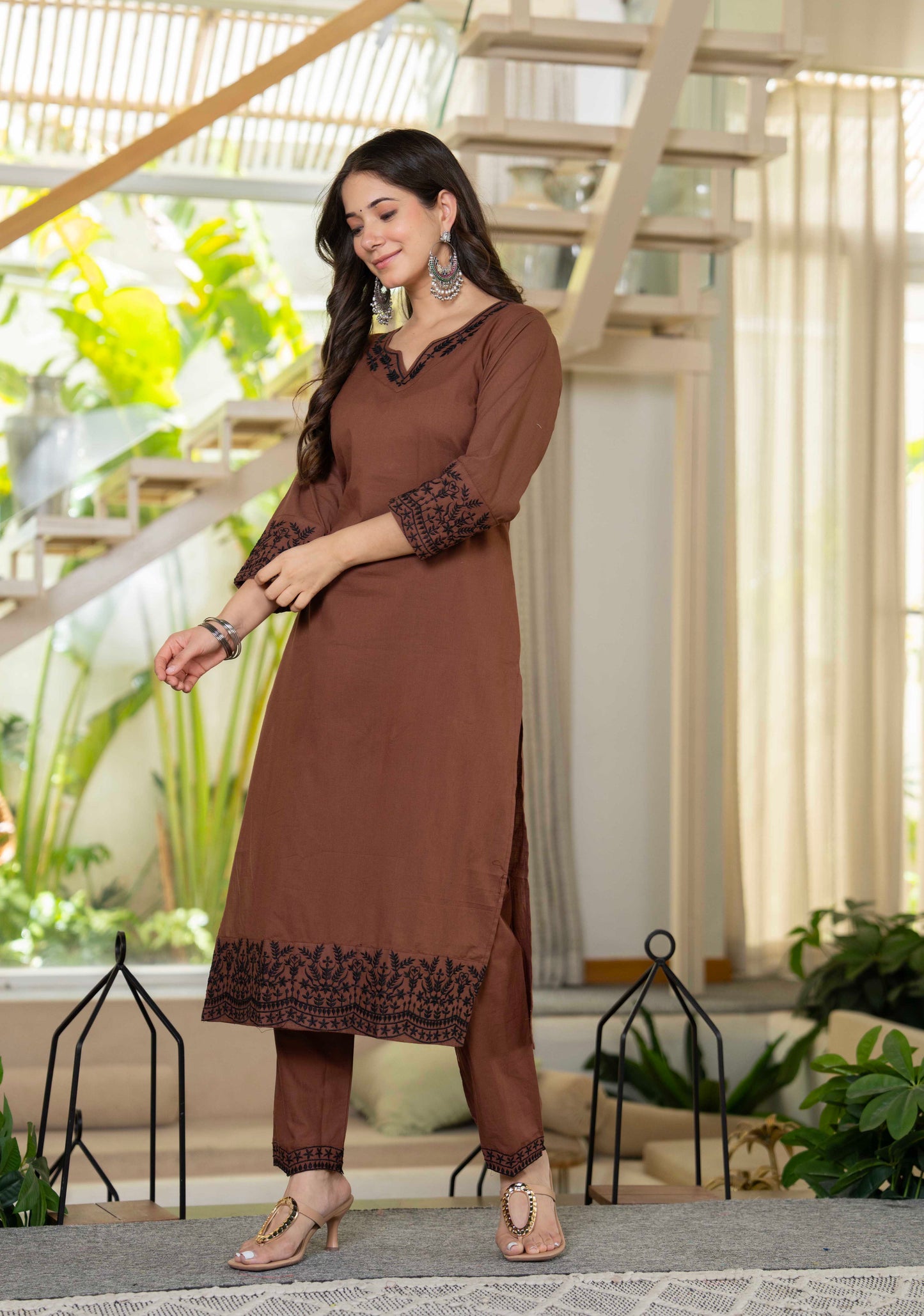 Earthy Charm Embroidered Brown Kurta Set with Dupatta