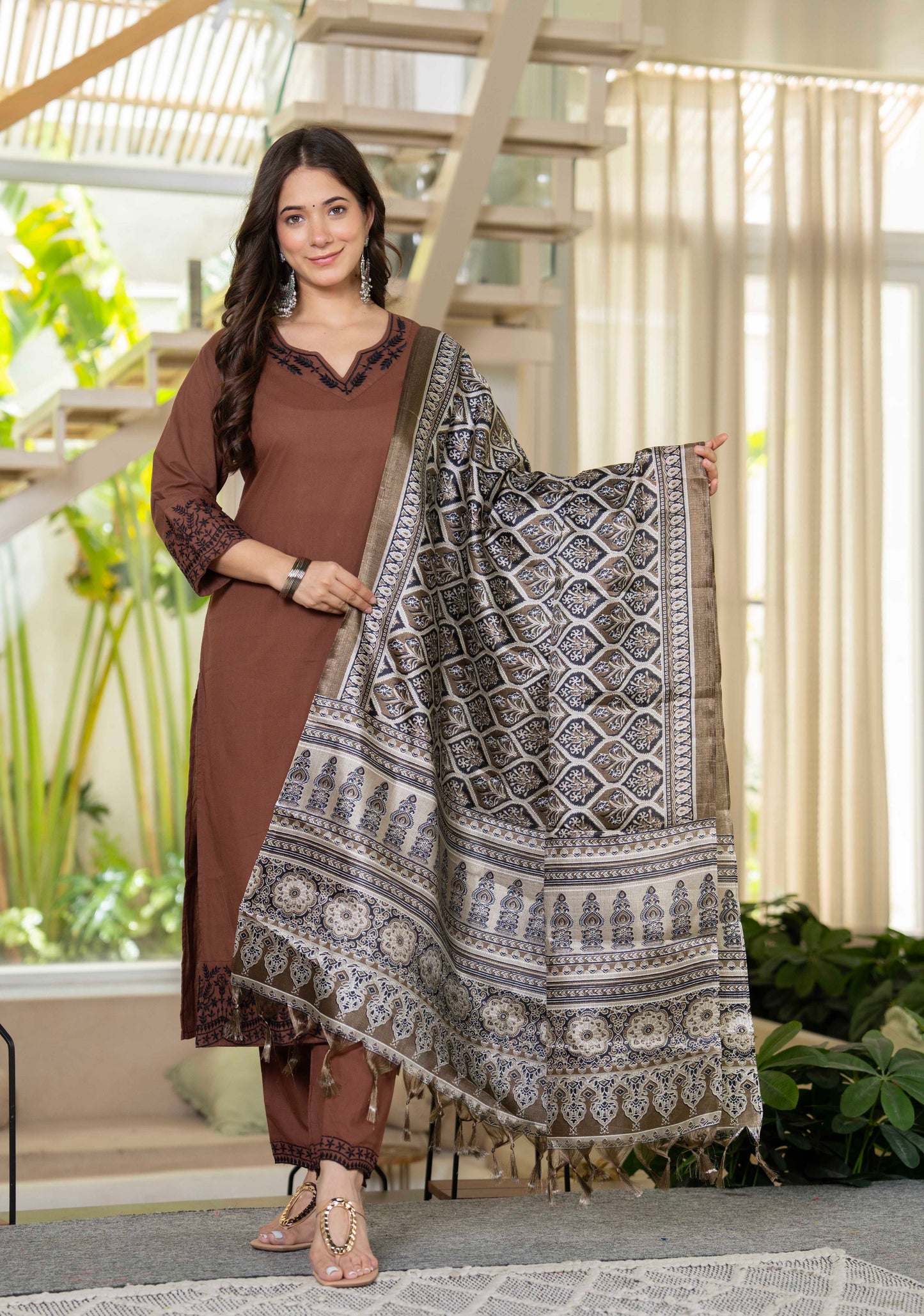 Earthy Charm Embroidered Brown Kurta Set with Dupatta