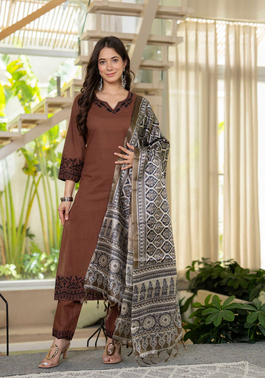 Earthy Charm Embroidered Brown Kurta Set with Dupatta
