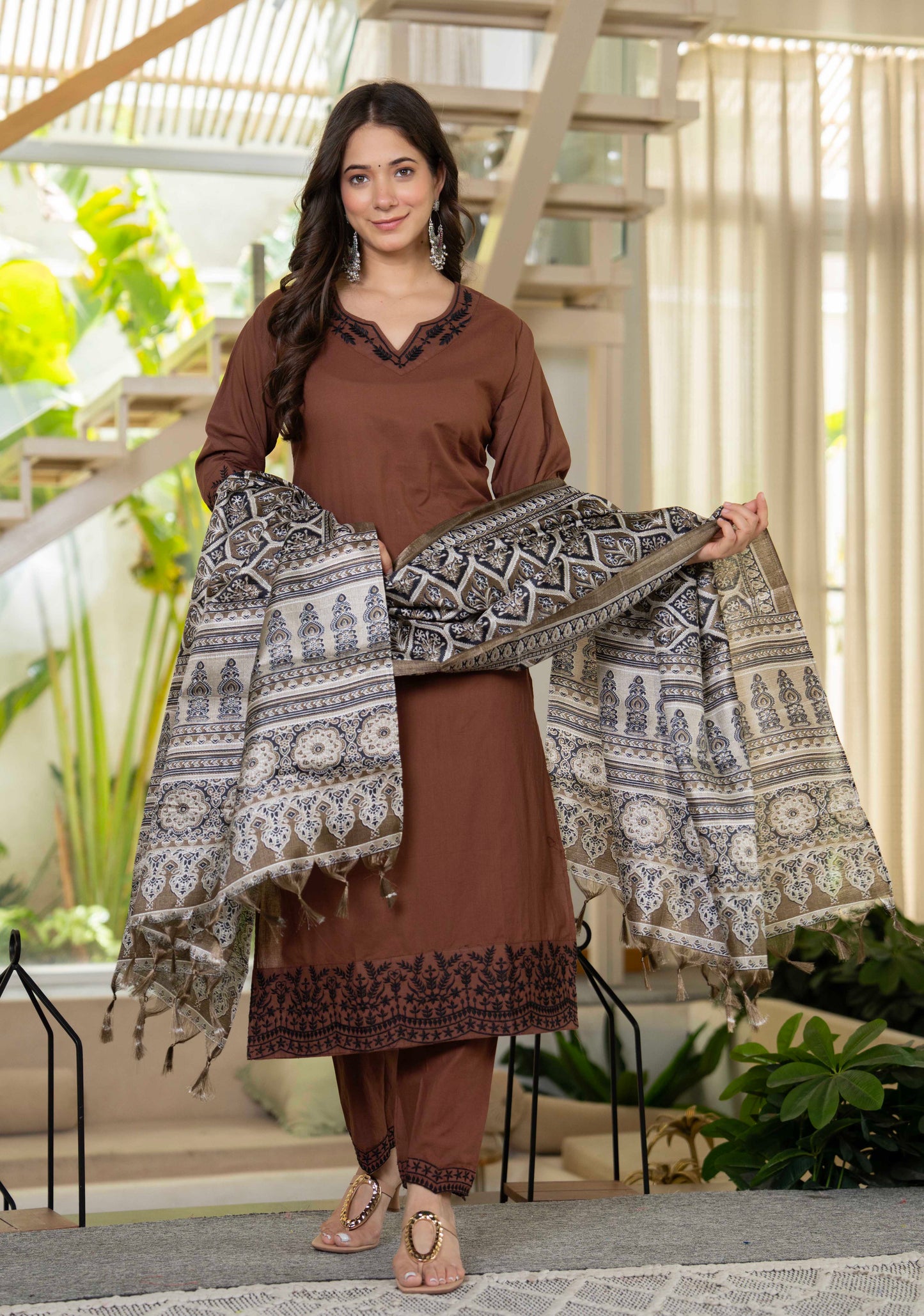 Earthy Charm Embroidered Brown Kurta Set with Dupatta