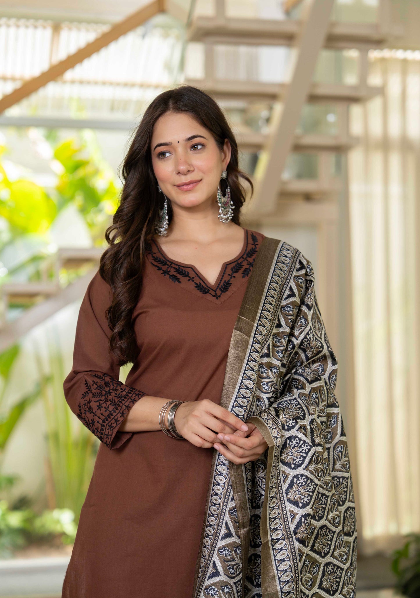 Earthy Charm Embroidered Brown Kurta Set with Dupatta
