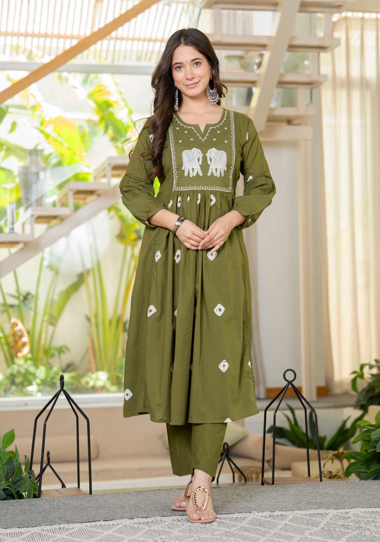 Olive Green Gaja Embroidered Anarkali Set