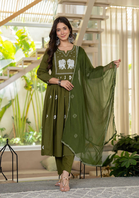 Olive Green Gaja Embroidered Anarkali Set