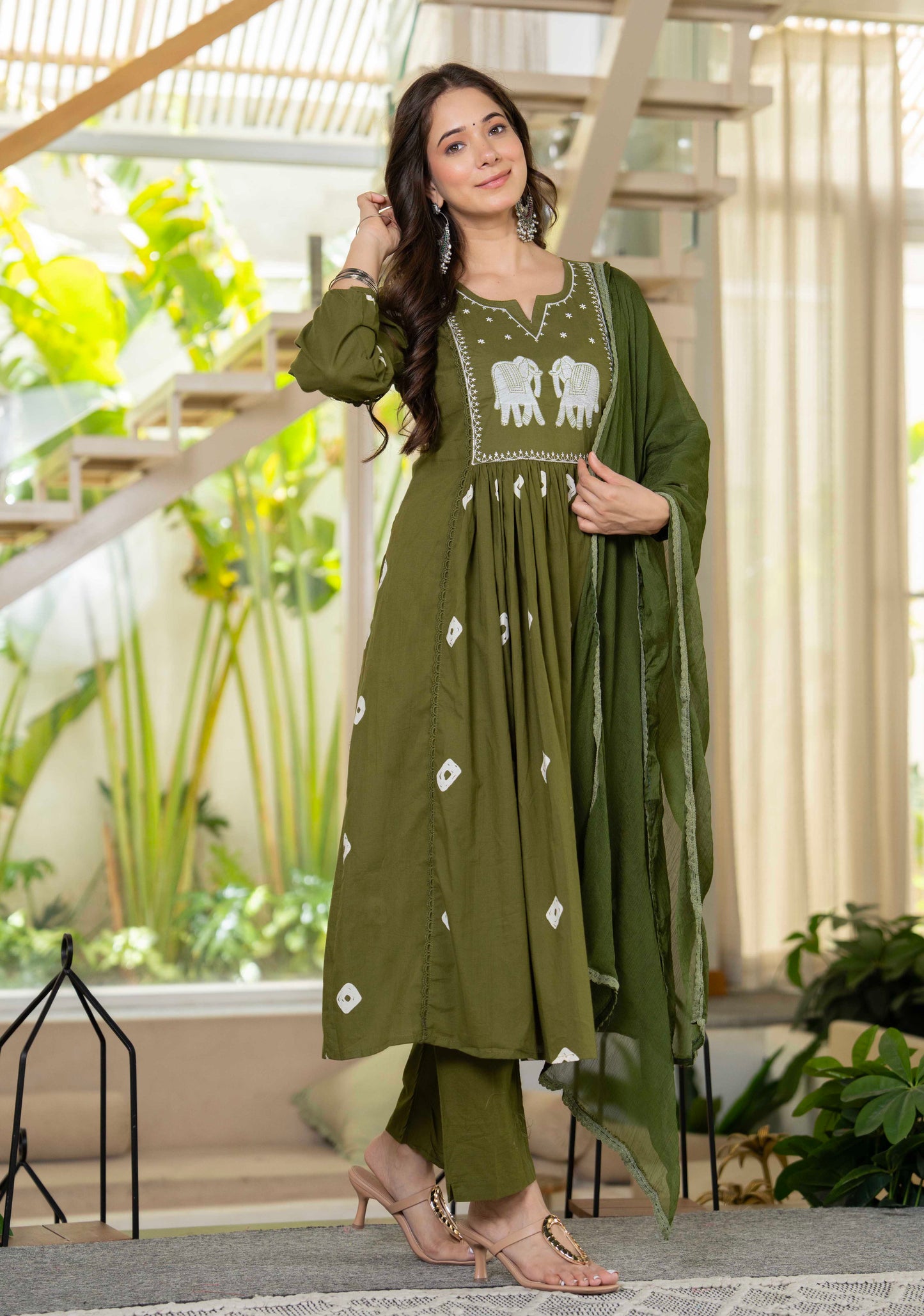 Olive Green Gaja Embroidered Anarkali Set