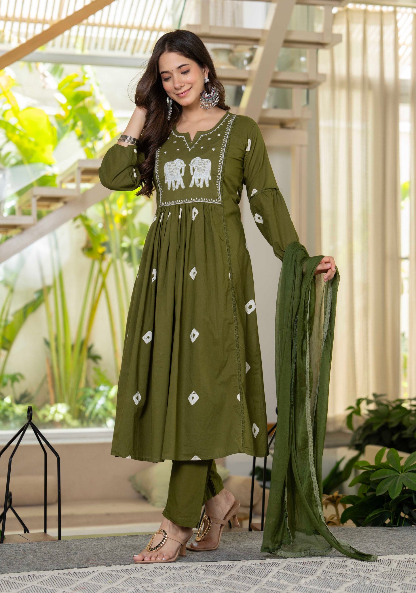Olive Green Gaja Embroidered Anarkali Set