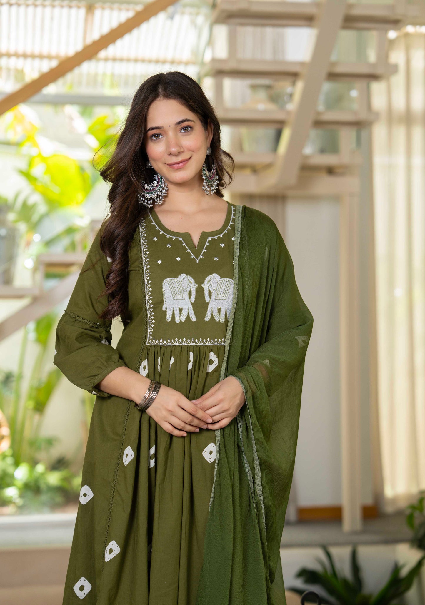 Olive Green Gaja Embroidered Anarkali Set