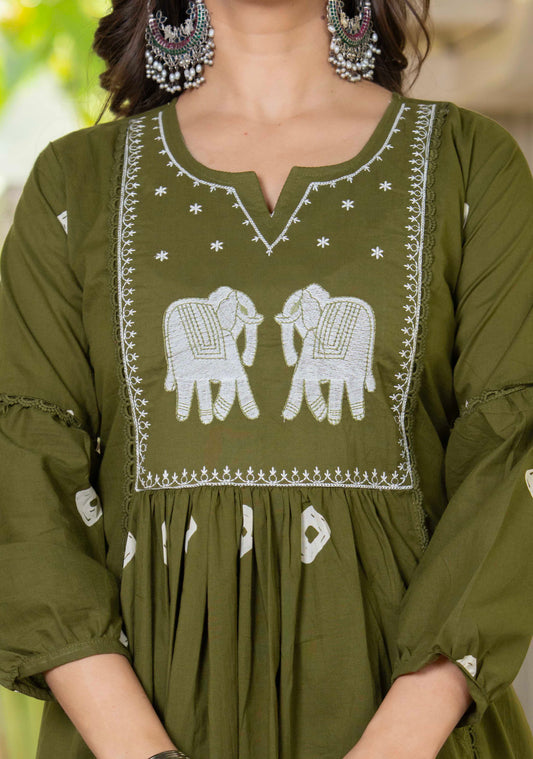 Olive Green Gaja Embroidered Anarkali Set