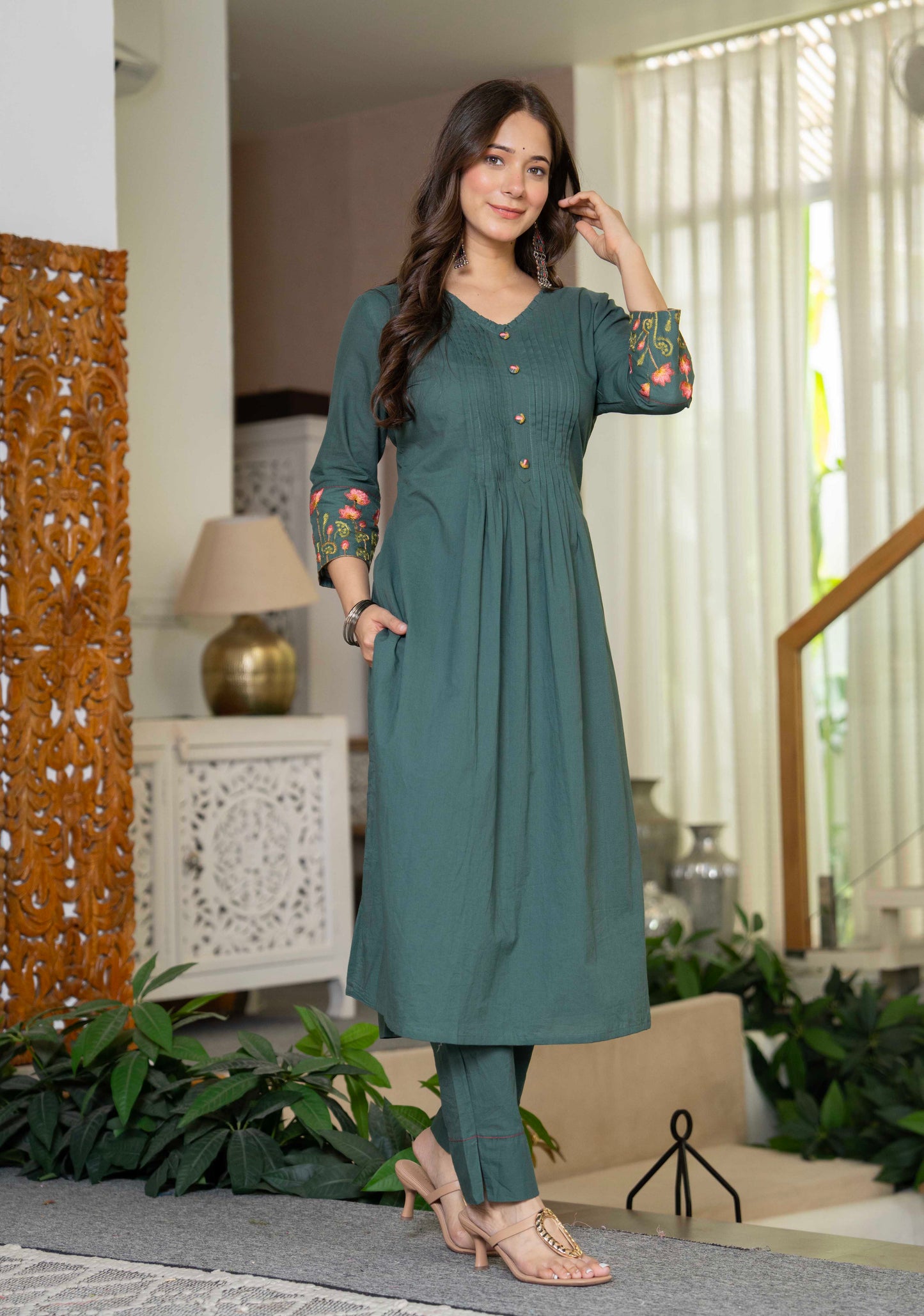 Forest Green A-line Kurta & Pant Set