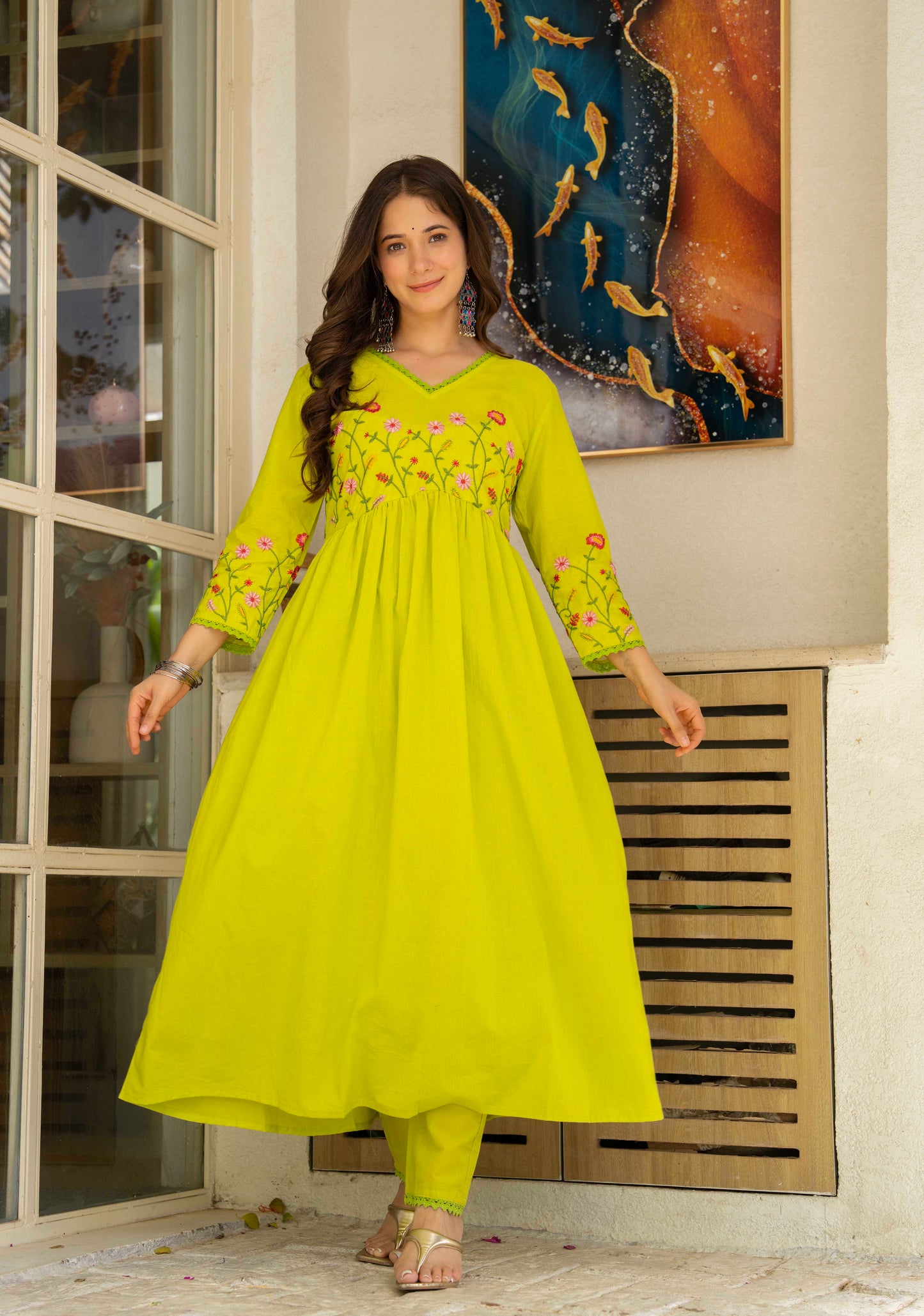 Lime Green Floral Embroidered Anarkali Set