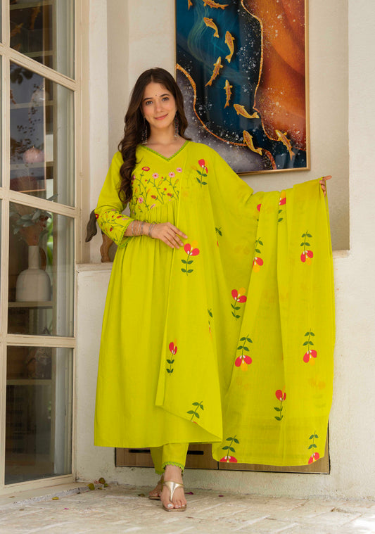 Lime Green Floral Embroidered Anarkali Set
