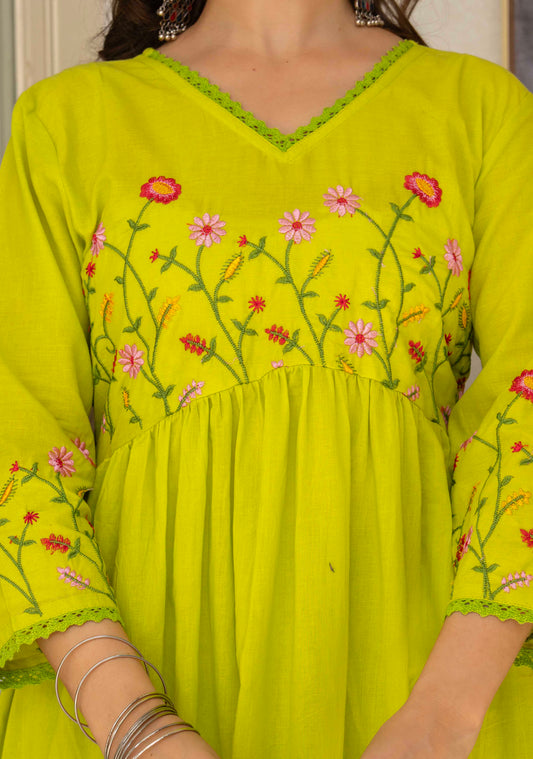 Lime Green Floral Embroidered Anarkali Set