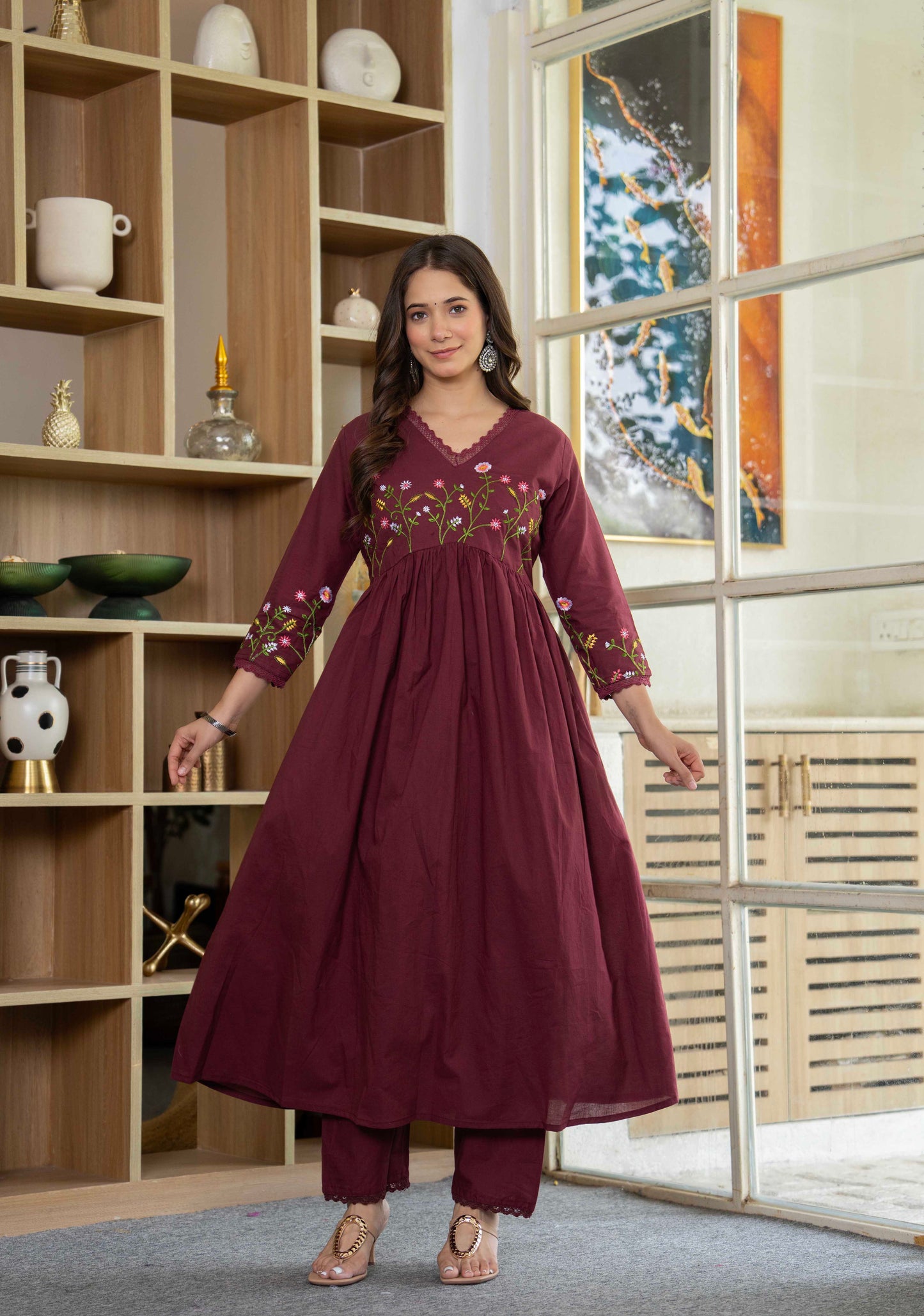 Maroon Wildflower Embroidered Anarkali Suit Set
