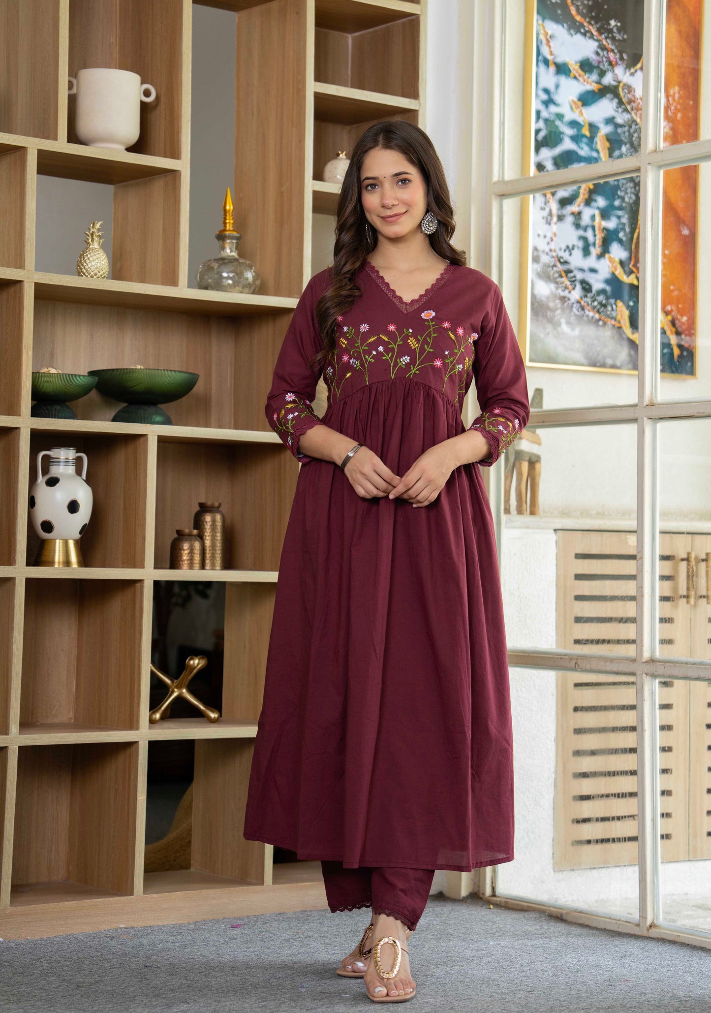 Maroon Wildflower Embroidered Anarkali Suit Set