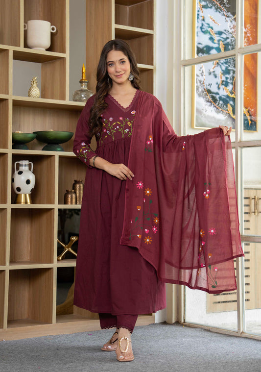 Maroon Wildflower Embroidered Anarkali Suit Set