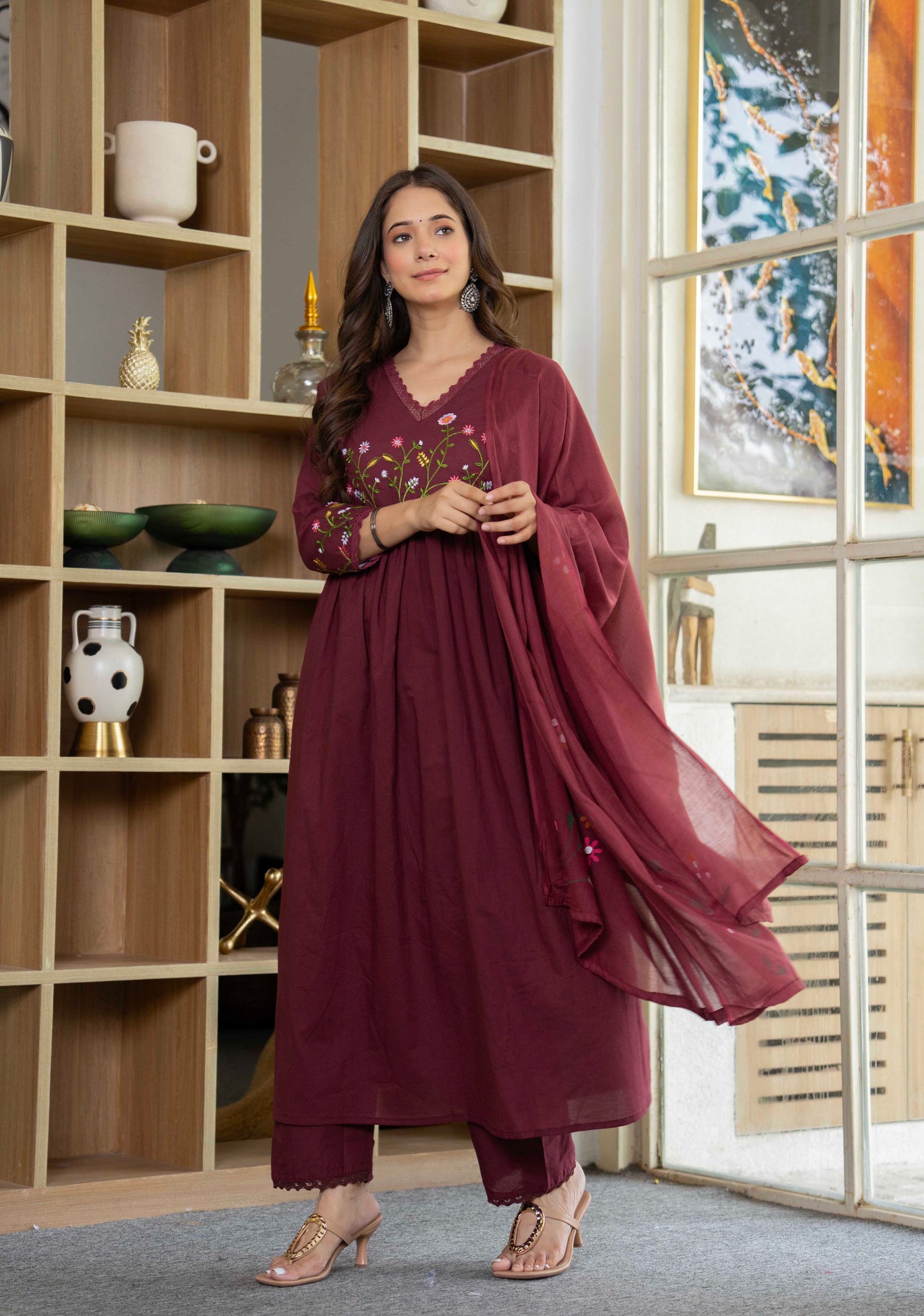 Maroon Wildflower Embroidered Anarkali Suit Set