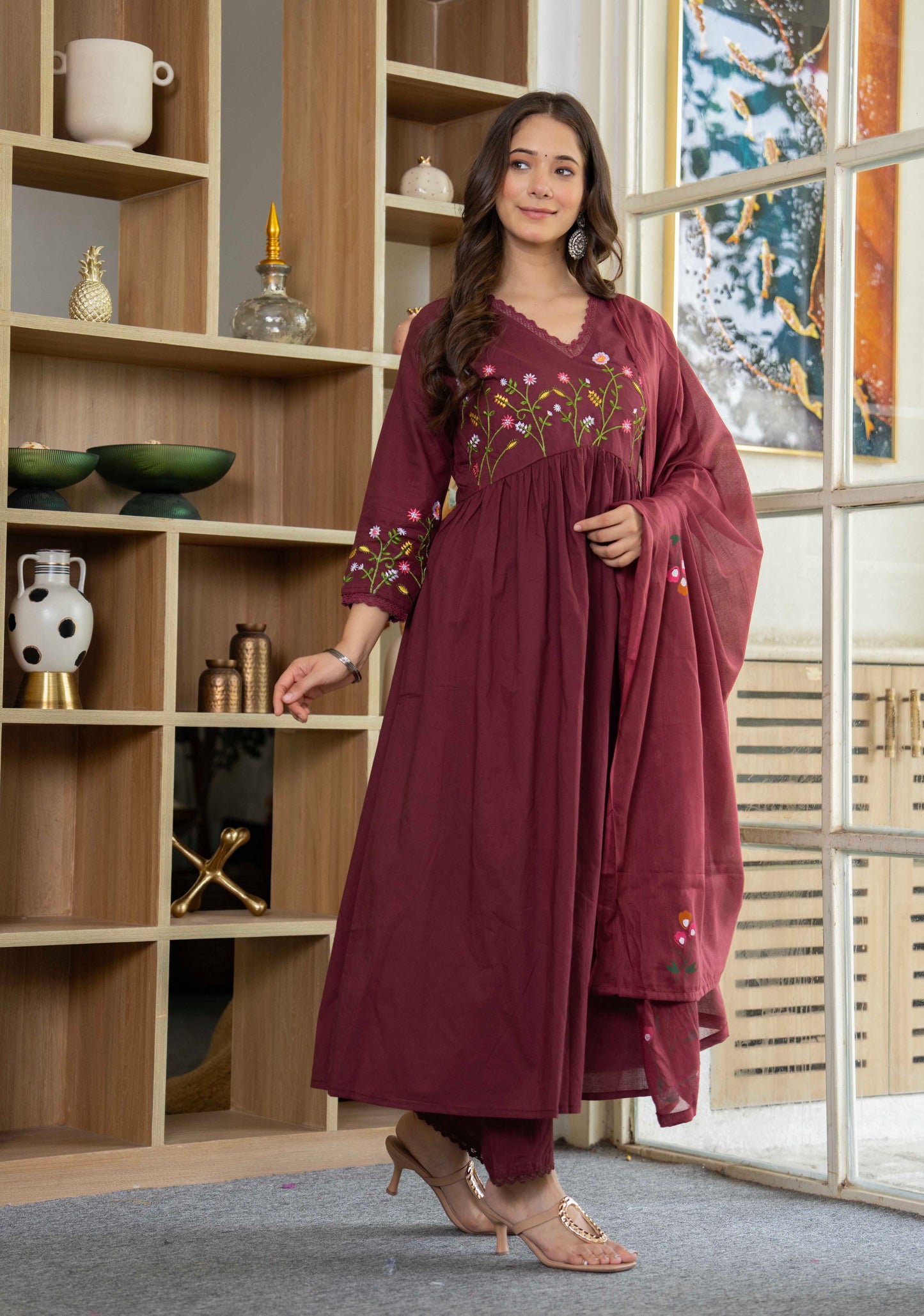 Maroon Wildflower Embroidered Anarkali Suit Set