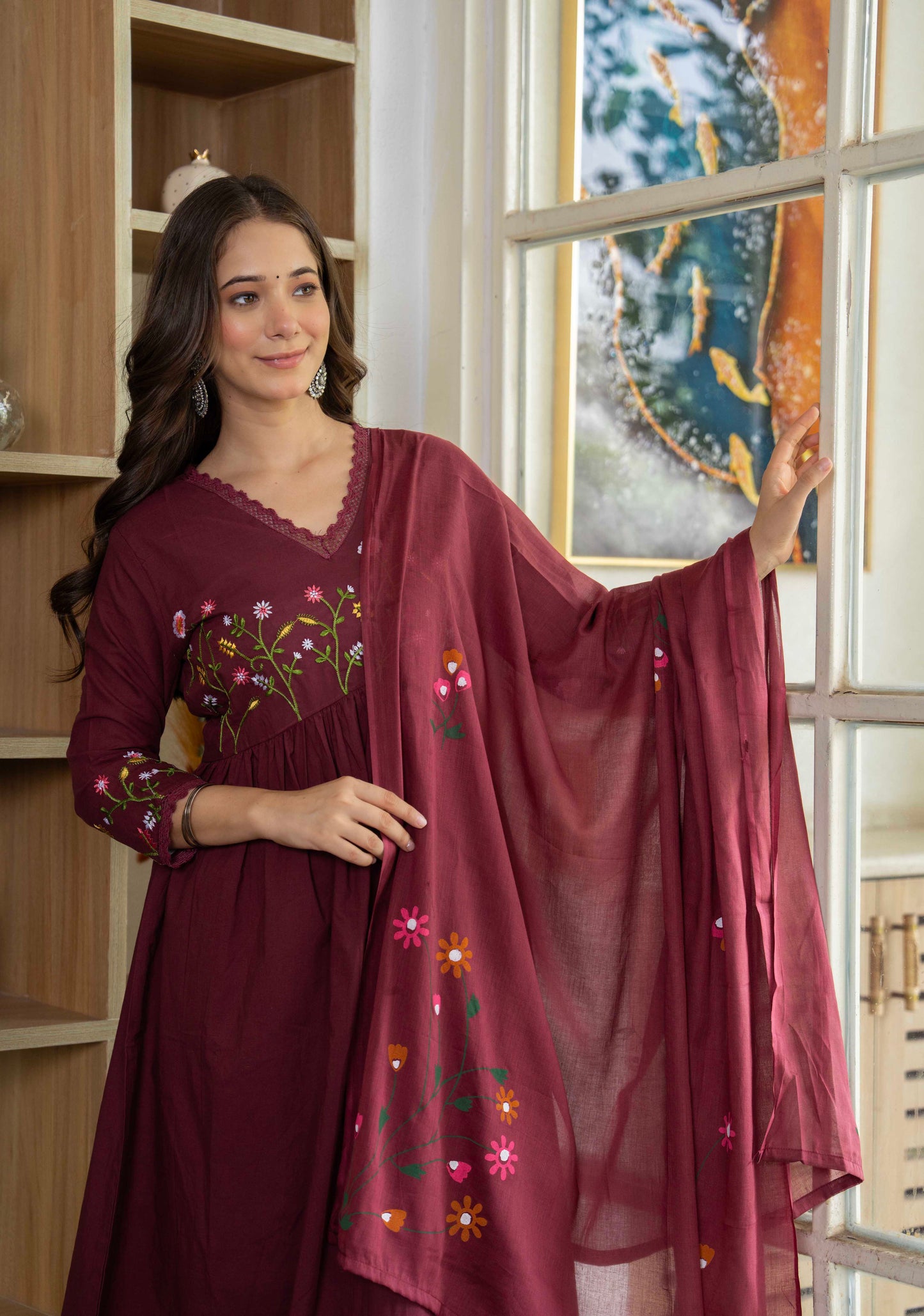 Maroon Wildflower Embroidered Anarkali Suit Set