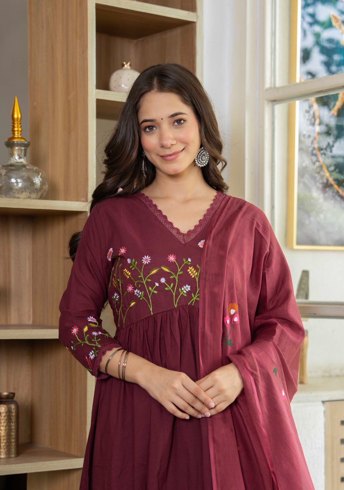 Maroon Wildflower Embroidered Anarkali Suit Set