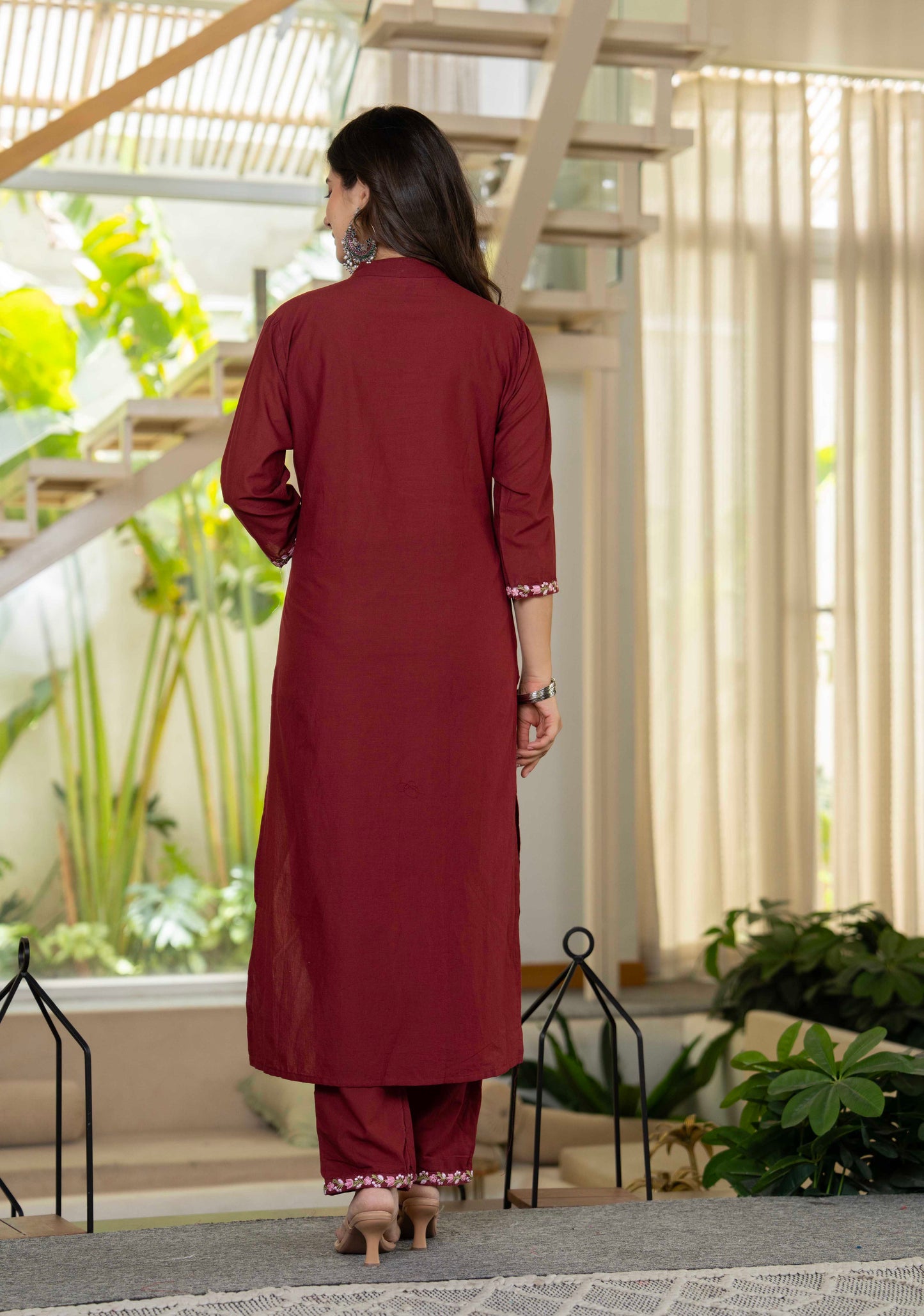 Wine Bloom Floral Embroidered Suit with Dupatta