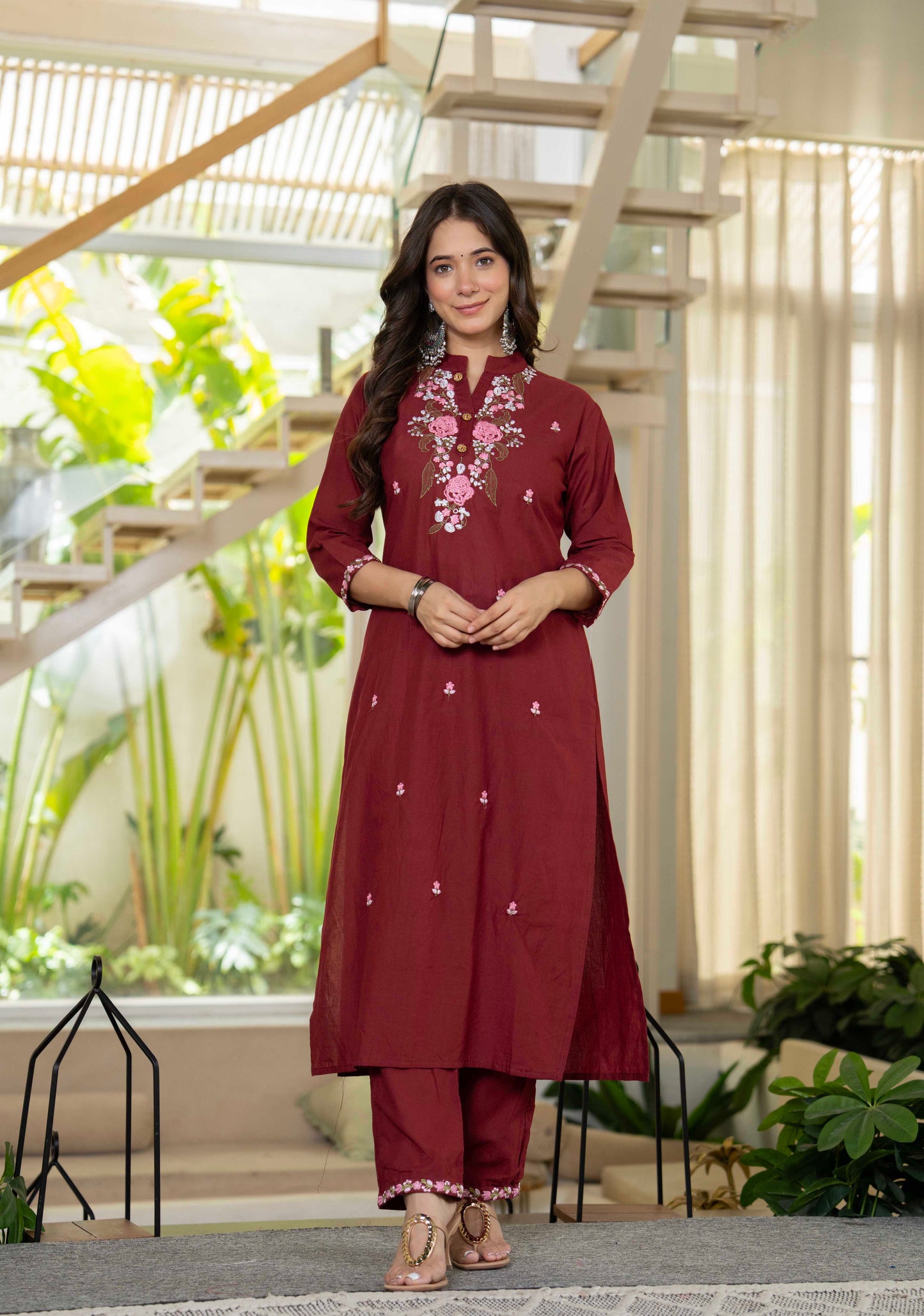 Wine Bloom Floral Embroidered Suit with Dupatta