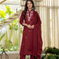 Wine Bloom Floral Embroidered Suit with Dupatta