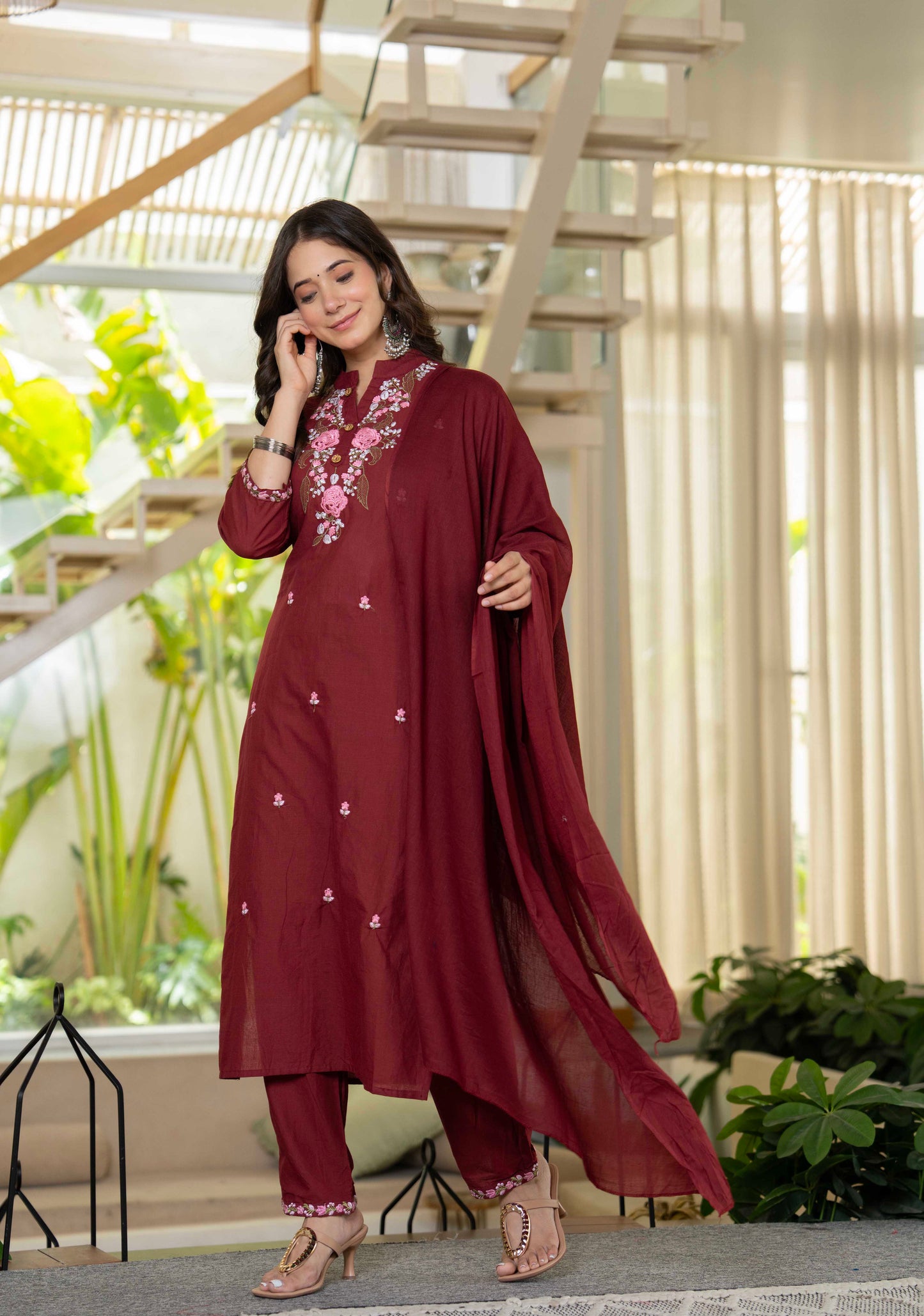 Wine Bloom Floral Embroidered Suit with Dupatta
