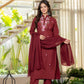 Wine Bloom Floral Embroidered Suit with Dupatta