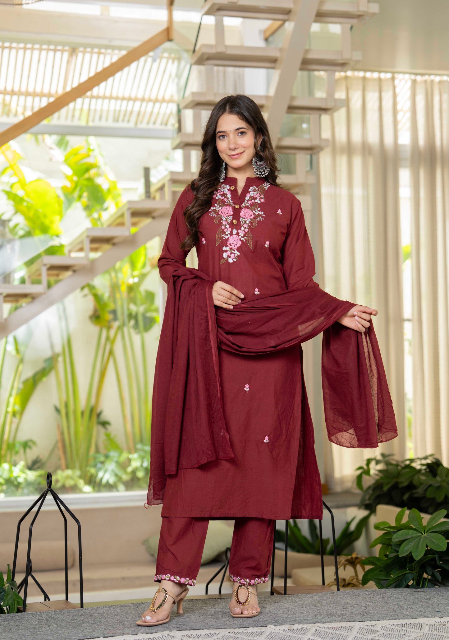 Wine Bloom Floral Embroidered Suit with Dupatta