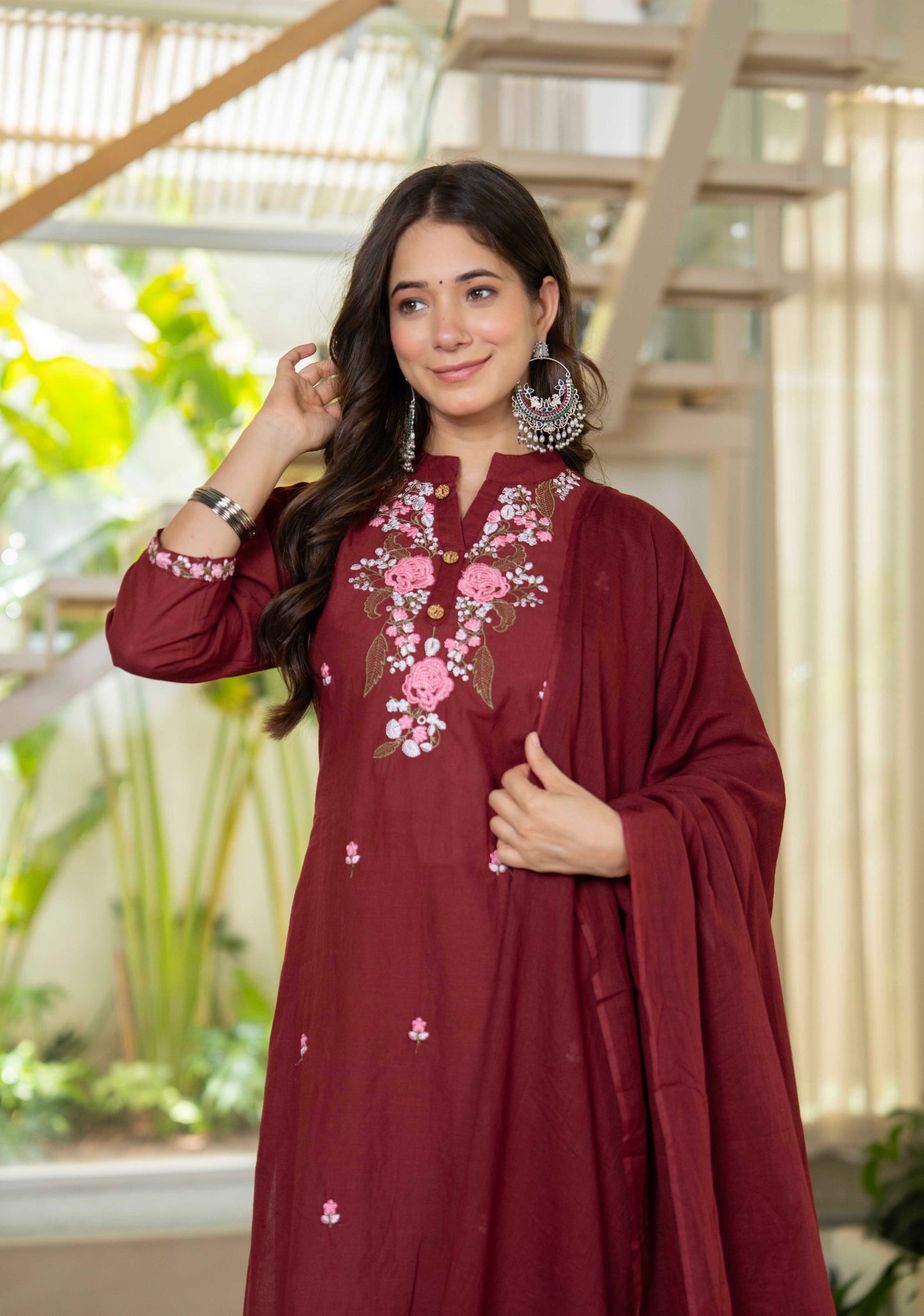 Wine Bloom Floral Embroidered Suit with Dupatta