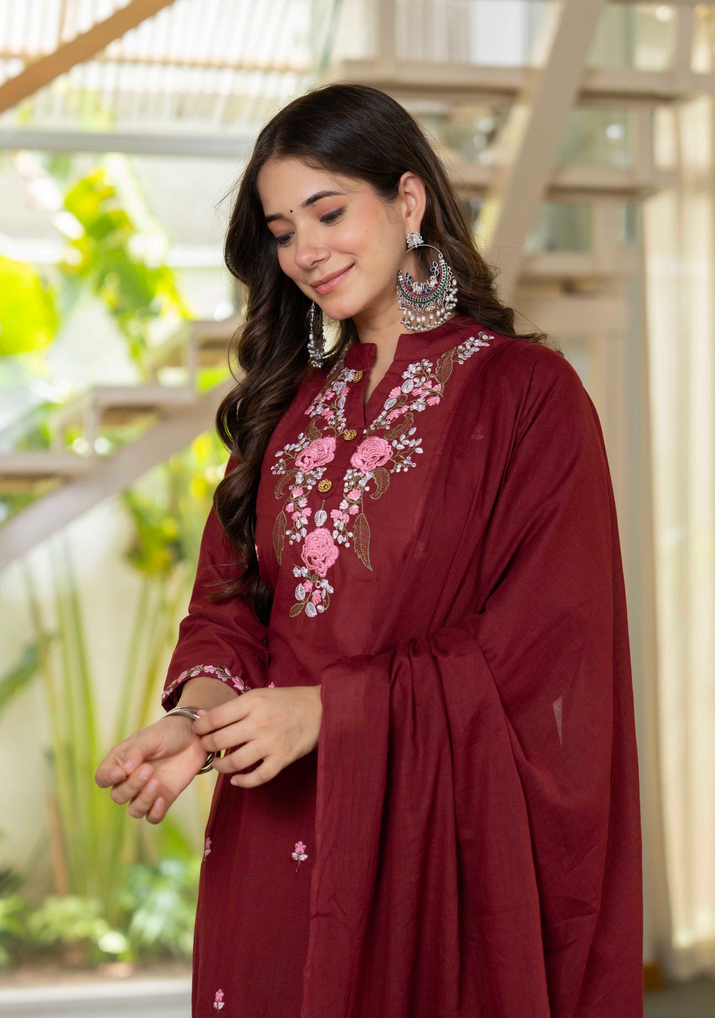 Wine Bloom Floral Embroidered Suit with Dupatta