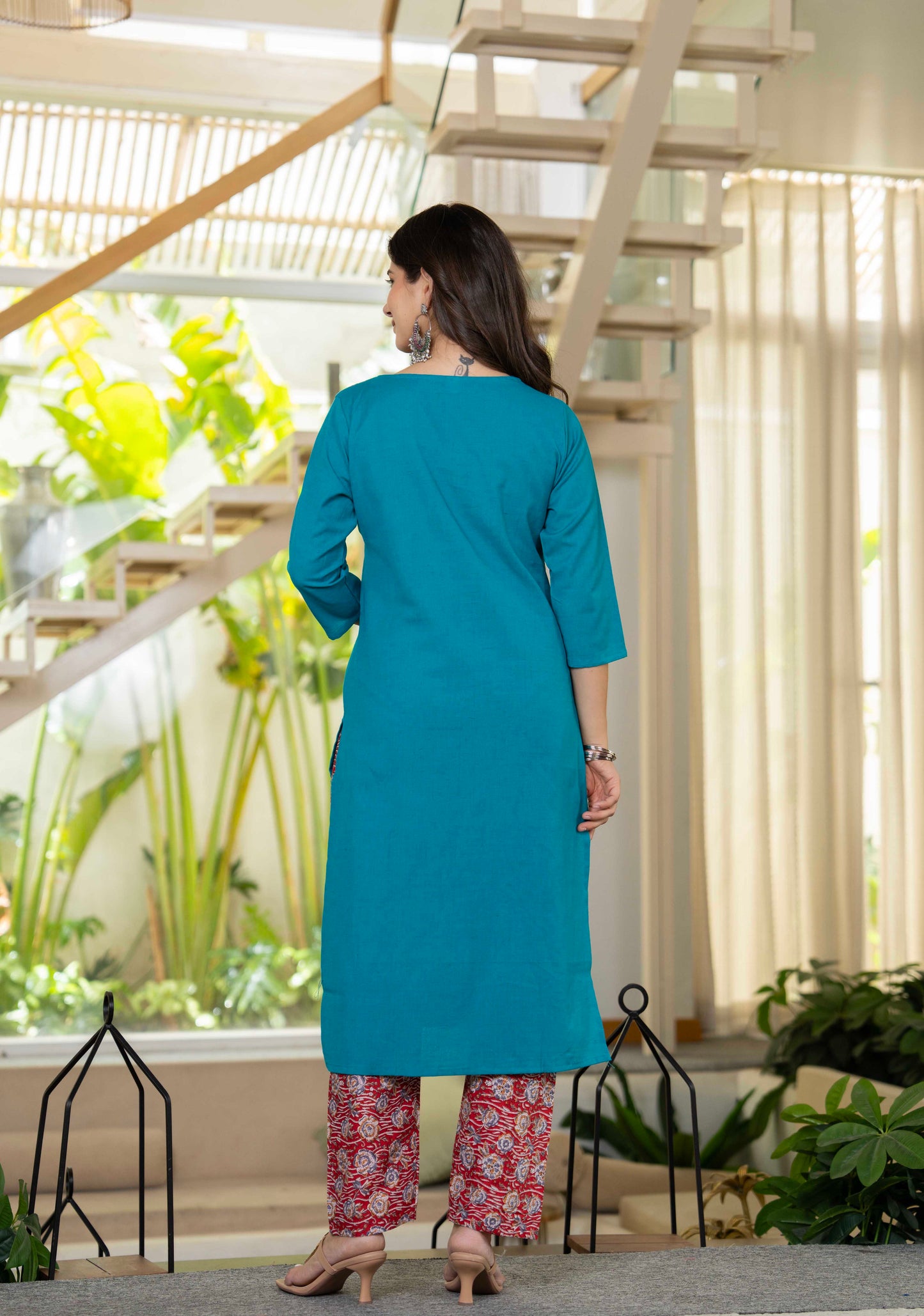 Aqua Flora Embroidered Cotton Suit Set with Dupatta