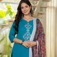 Aqua Flora Embroidered Cotton Suit Set with Dupatta