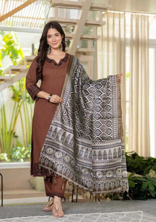 Earthy Charm Embroidered Brown Kurta Set with Dupatta