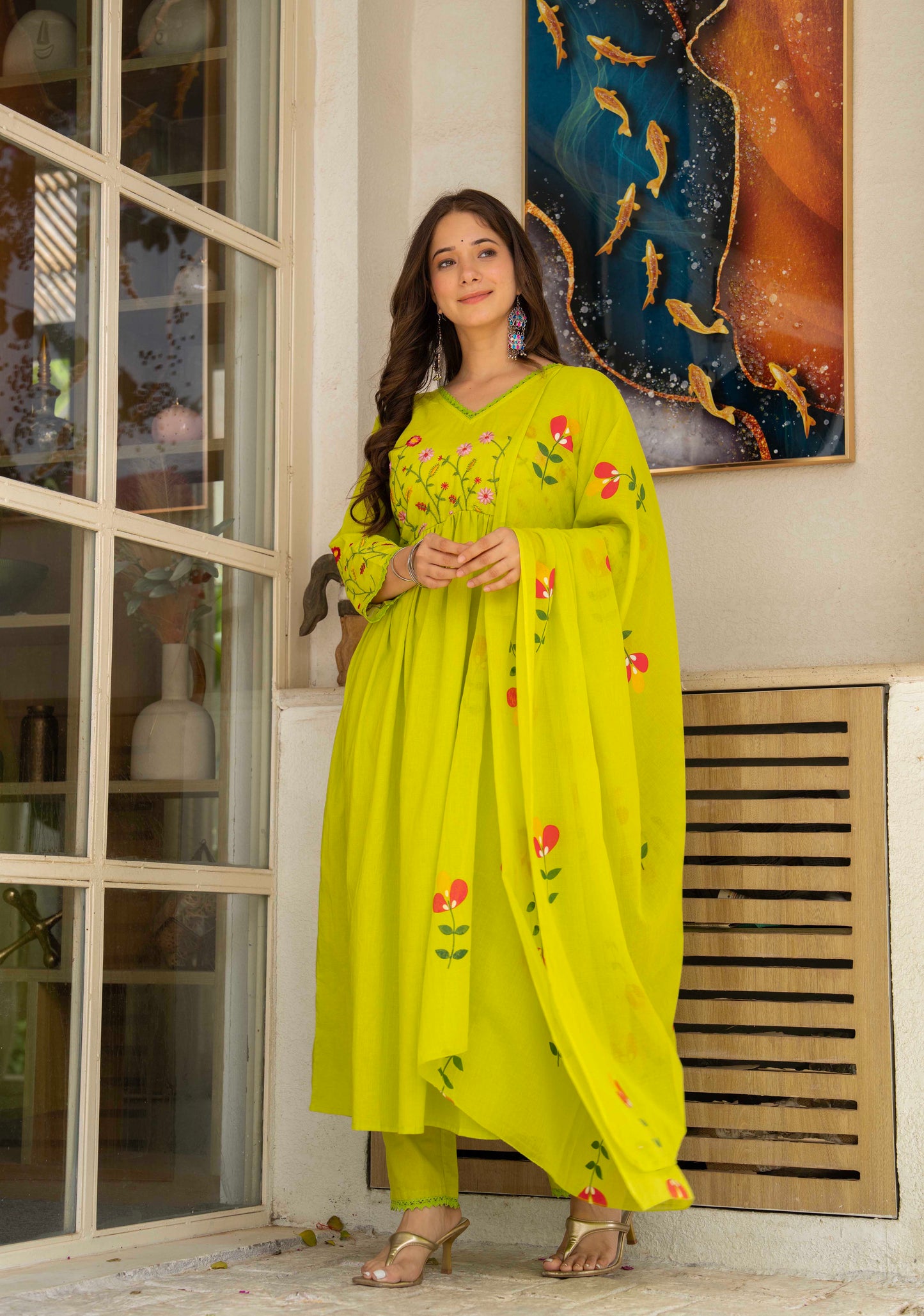 Lime Green Floral Embroidered Anarkali Set